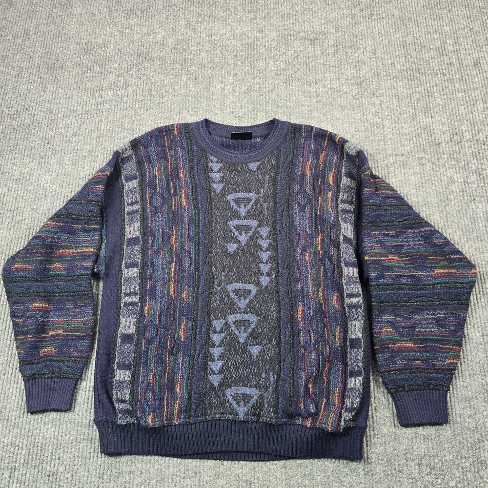 Baffo Sweater Mens EU 52 Blue Geometric Cable-Knit Crewneck Heavyweight Pullover